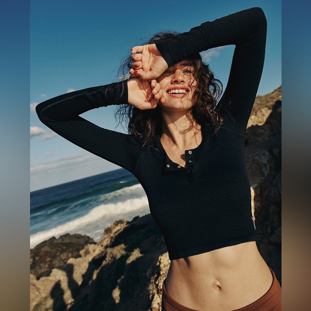 FP Movement by Free People Black Long Sleeve Henley Crop Top